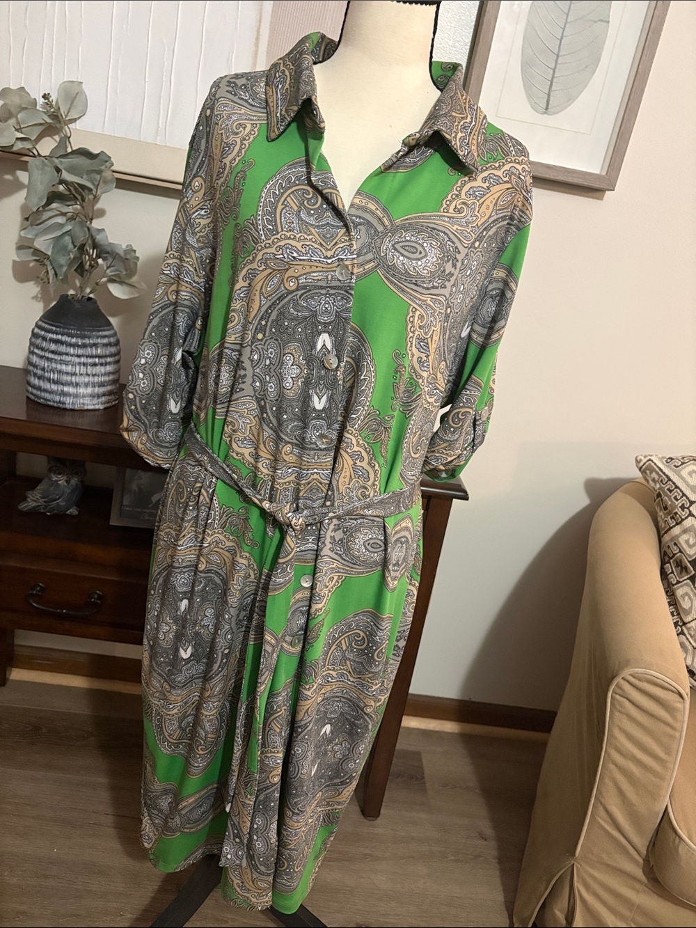 Aa Studio Green and Gray Paisley Midi Shirt Dress with Tie